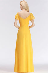 A-line Long V-neck Short Sleeves Yellow Chiffon Bridesmaid Dresses